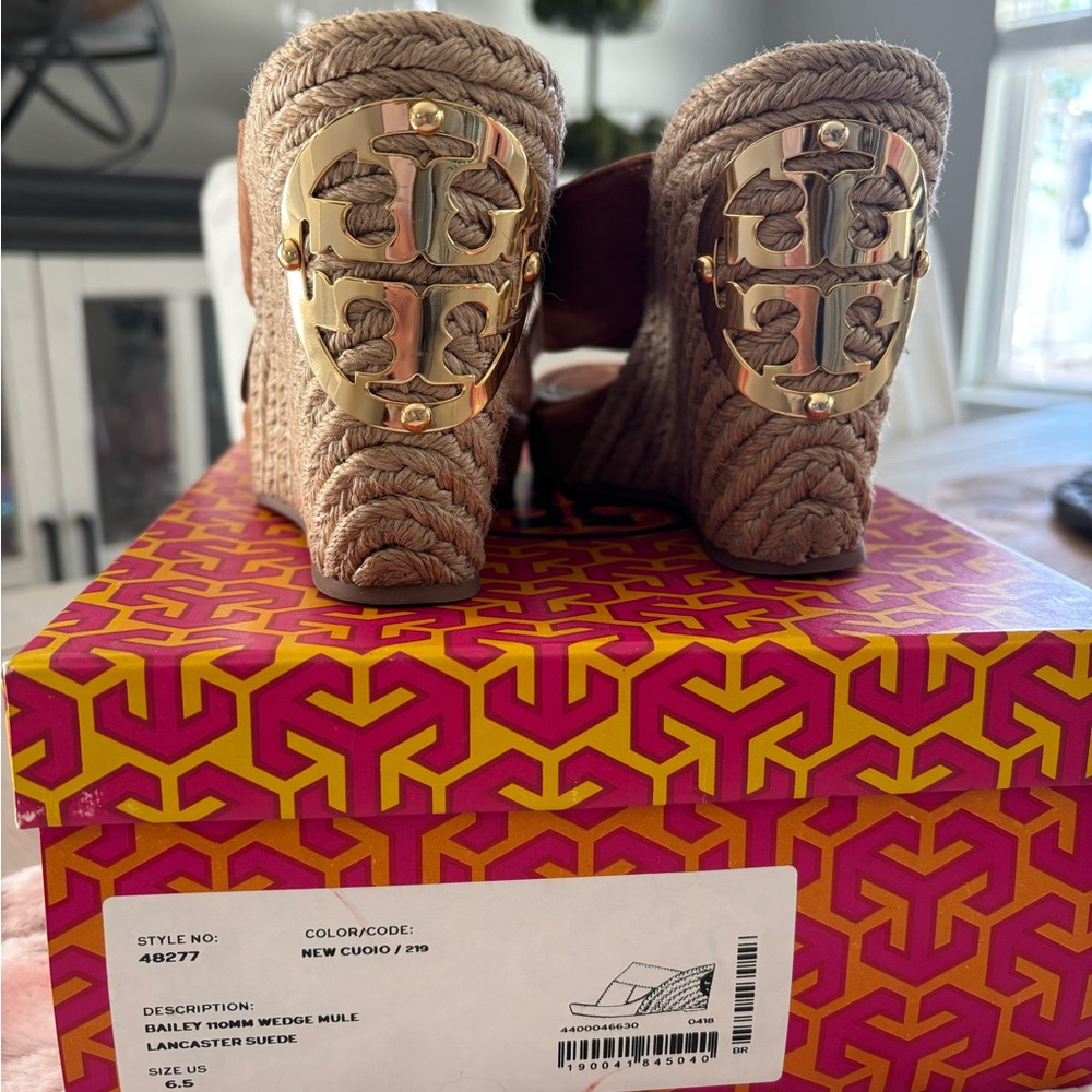 Tory Burch Gold and Tan Wedge Mules size: 6.5 price: $99